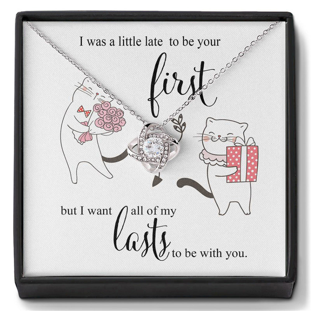 Necklace with heart pendant in a box with cartoon cats and romantic text