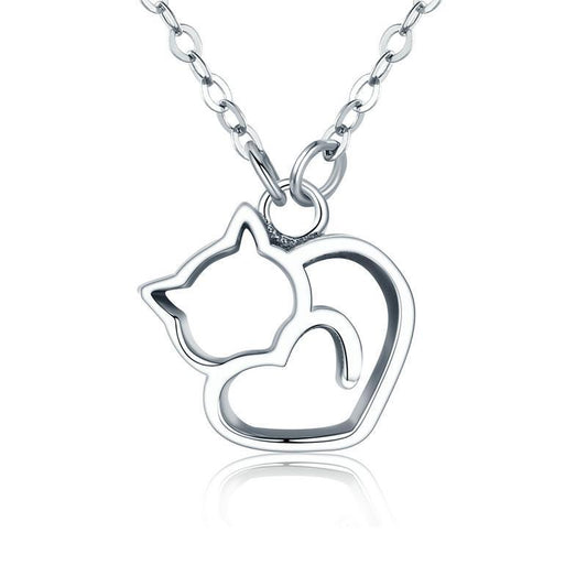 Feline Heartbeat – Platinum Plated 925 Sterling Silver Cat Heart Necklace