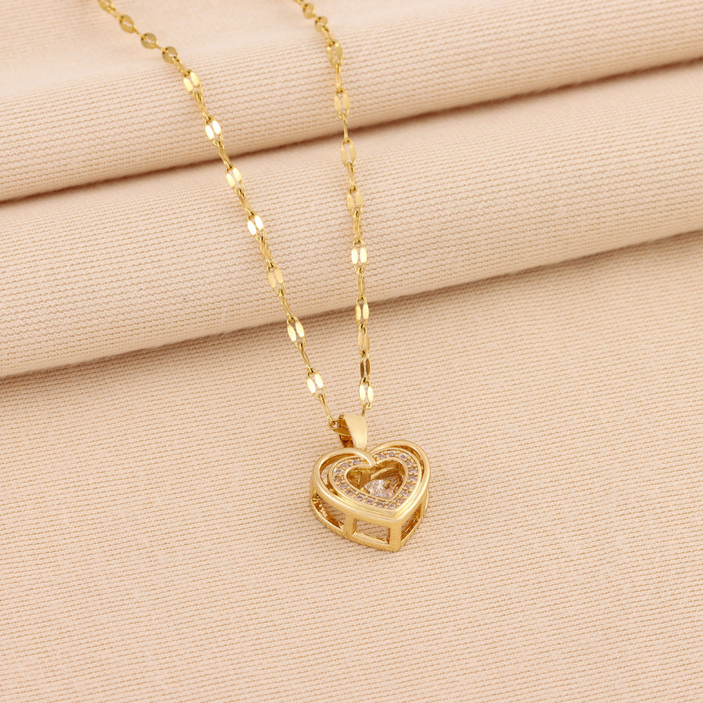 Twin Hearts, Timeless Sparkle — Love Necklace With Rhinestones Layered Titanium Necklace