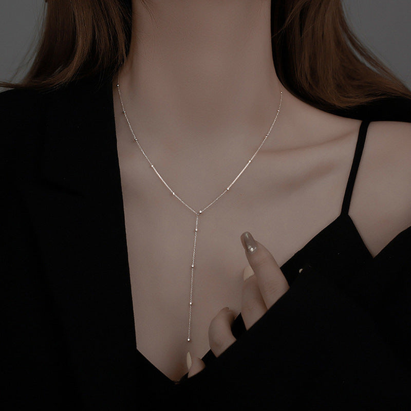 Graceful Cascade – Minimalist Round Beads Long Fringe Necklace Women's Low-cut Cold Style Clavicle Chain