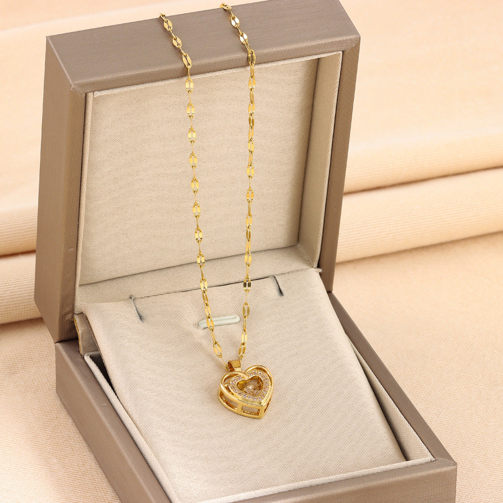 Twin Hearts, Timeless Sparkle — Love Necklace With Rhinestones Layered Titanium Necklace