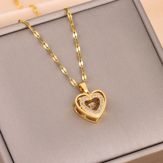 Twin Hearts, Timeless Sparkle — Love Necklace With Rhinestones Layered Titanium Necklace