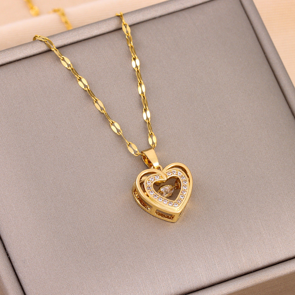Twin Hearts, Timeless Sparkle — Love Necklace With Rhinestones Layered Titanium Necklace