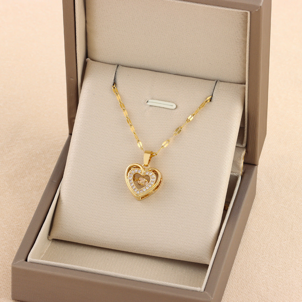 Twin Hearts, Timeless Sparkle — Love Necklace With Rhinestones Layered Titanium Necklace
